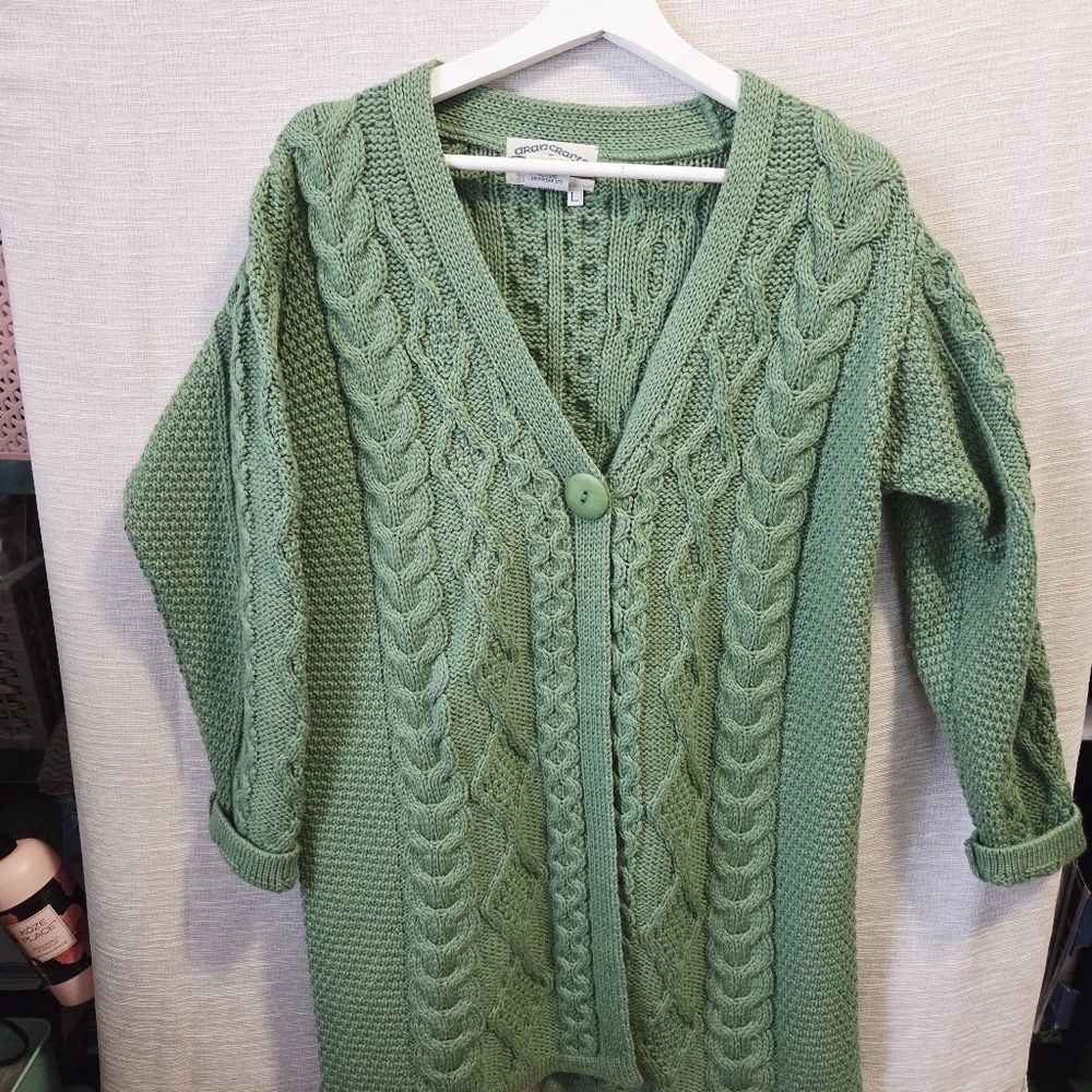 Aran crafts merino wool one button cable knit cardigan long  sweater Large - Picture 3 of 7